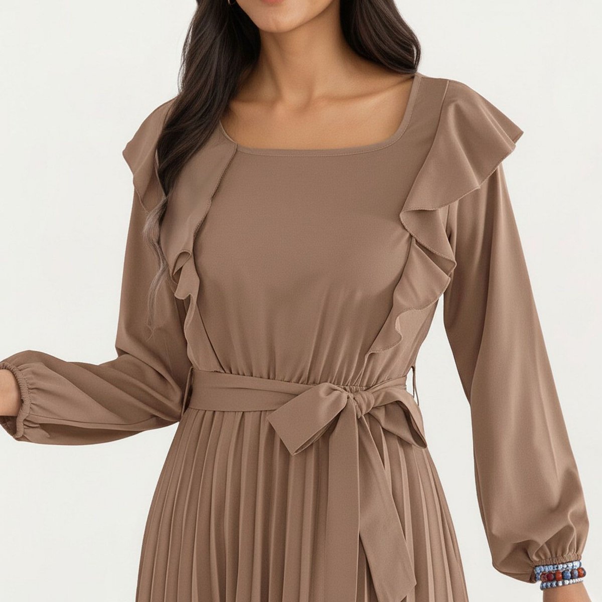 Женские платья Anna-Kaci Women's Pleated Dress with Ruffled Shoulders, Waist Tie, and Long Sleeves for a Flattering Feminine Fit - Khaki — фото 5