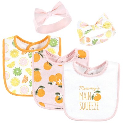 Hudson Baby Infant Girl Cotton Bib and Headband or Caps Set, Citrus Orange, One Size