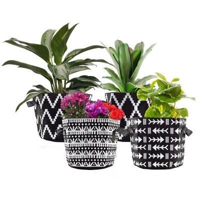 Darware Boho Black and White Grow Bags; 4pc Set Fabric Planter Bags in Geometric Design