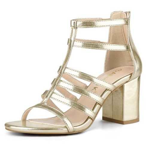 Allegra K Women s Cage Strappy Back Zipper Gladiators Chunky Heels Sandals Gold 8.5 Target