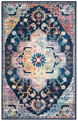 Navy and Fuchsia Floral Synthetic Area Rug