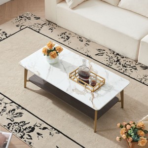 NicBex 47.2" Trendy 2-Tier Coffee Table for Living Room,Rectangular Center Table for Living Room,Side Table with MDF Board Top&Metal Frame,White/Gold - 1 of 4
