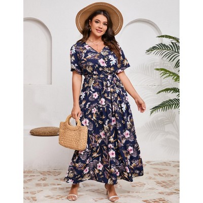 YESFASHION V Neck Wrap Maxi Dress for Women Plus Size High Waist Ruffle Casual Summer Dress with Belt