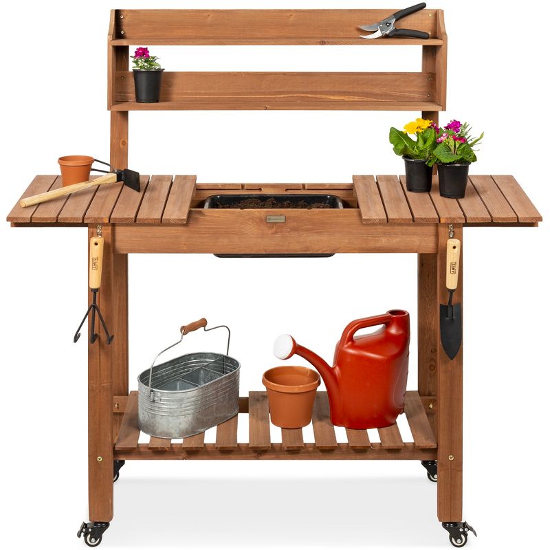 Best Choice Products Wood Garden Potting Bench Workstation Table w/ Sliding Tabletop, 4 Locking Wheels, Dry Sink, 1 of 9