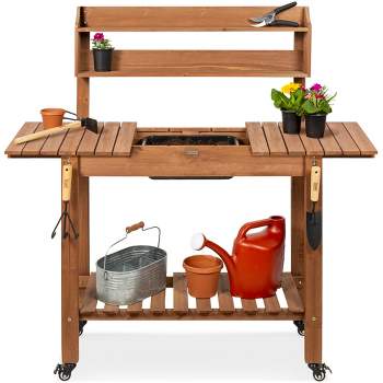 Best Choice Products Wood Garden Potting Bench Workstation Table w/ Sliding Tabletop, 4 Locking Wheels, Dry Sink