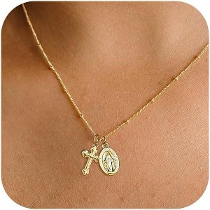 14K Gold Silver Cross Necklace Dainty Choker Non Tarnish Faith Jewelry - 1 of 4