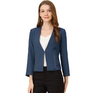 Allegra K Women's Work Office Zipper Decor Collarless Cropped Blazer - 1 of 4