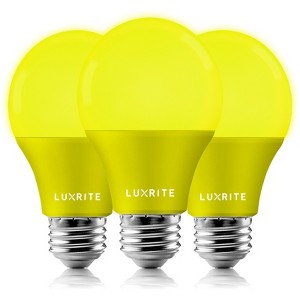 Luxrite A19 LED Yellow Bug Light Bulbs, 60W Equivalent, Non-Dimmable, UL Listed, E26 Standard Base, Indoor Outdoor, Porch, Home Lighting 3 Pack - 1 of 4