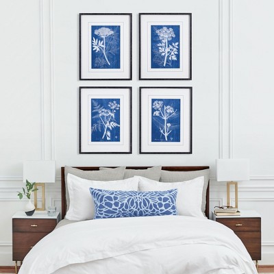 Set of 4 Blue and White Botanical Prints with Black Frames
