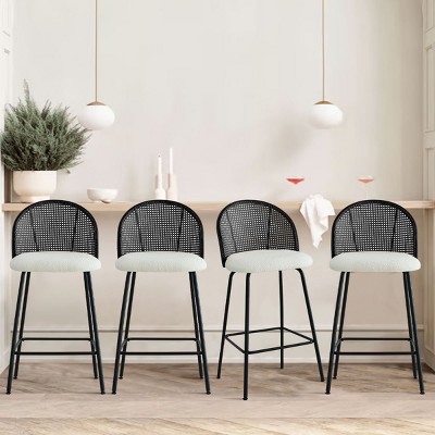 Jules Set of 4 Mesh Rattan Backrest Counter Stools with Back, Armless Upholstered Bouclé Fabric And Black Metal Base-Maison Boucle