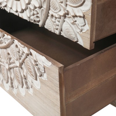 Whitewashed Carved Medallion 3-Drawer Accent Chest in Natural Wood