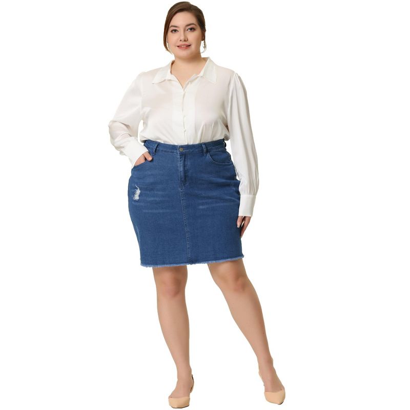 Agnes Orinda Women's Plus Size Denim Embroidered Distressed Ripped Pencil Jean Skirts, 3 of 6