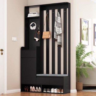 39''W 6 in 1 Modern Hall Tree Coat Rack Multifunctional Hallway Shoe Cabinet with Cushioned Storage Bench, Pegboard and Drawers-ModernLuxe
