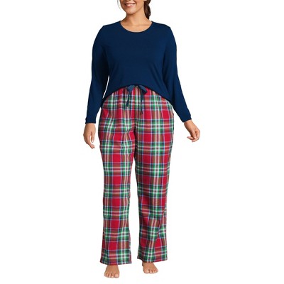 Lands' End Women's Pajama Set Knit Long Sleeve T-Shirt and Flannel Pants