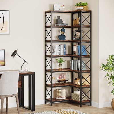 Hommoo 78.7”Tall 7 Tier Industrial Corner Bookshelf Brown
