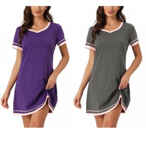 INSPIRE CHIC Women's 2 Pcs Short-Sleeve Nightshirt Color-Block V-Neck Sleepdress Set - 1 of 4