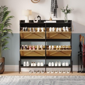 Shoe Storage Cabinet with 2 Flip Drawers – Slim Wooden Shoe Organizer with Adjustable Shelves for Entryway, Hallway, Living Room - 1 of 4