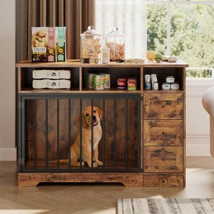 48'' Escape-Proof Dog Crate Furniture, Farmhouse Dog Kennel with Pull-Out Bowl & Storage Drawers, for Small Medium Dogs - 1 of 4