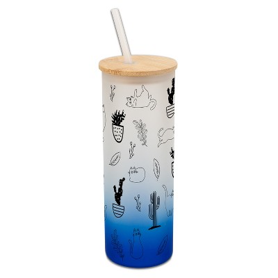 Elanze Designs Cactus Plant Desert Kitty Cat Lover Wrap-Around Design 25 Ounce Frosted Gradient Glass On-The-Go Coffee Travel Skinny Tumbler Mug Cup,