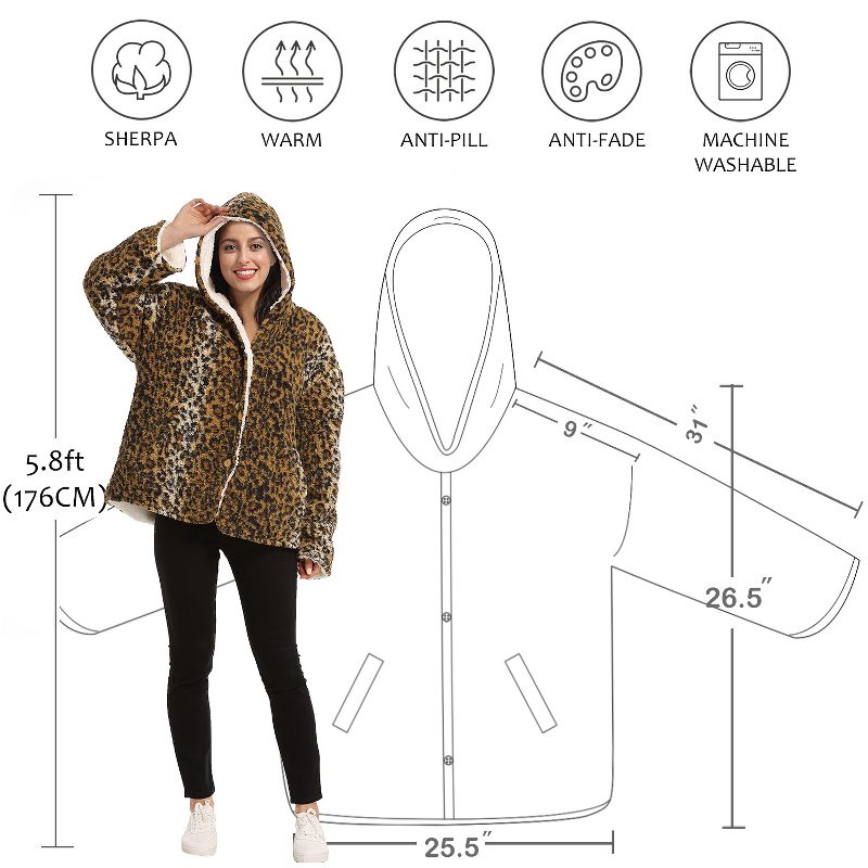 Tirrinia Leopard Fleece Hooded Jacket for Women, Super Soft Comfy Plush Reversible Casual Winter Blanket Warm Jackets Hoodie Cheetah Sweatshirt, 2 of 6