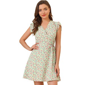 Allegra K Women's Boho Crossover V Neck Petal Sleeves Belted Floral Flowy Dress - 1 of 4