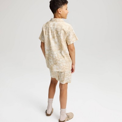 Детские Cat & Jack Boy's Short Sleeve Tropical Print Linen Blend Button-Up Shirt - Cat & Jack™ Cream M — фото 2