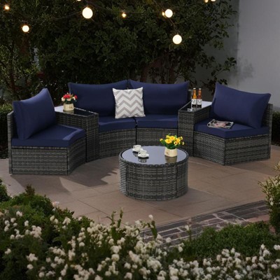 7-Piece Outdoor Patio Half-Moon Sectional Sofa Set with Tempered Glass Coffee Table