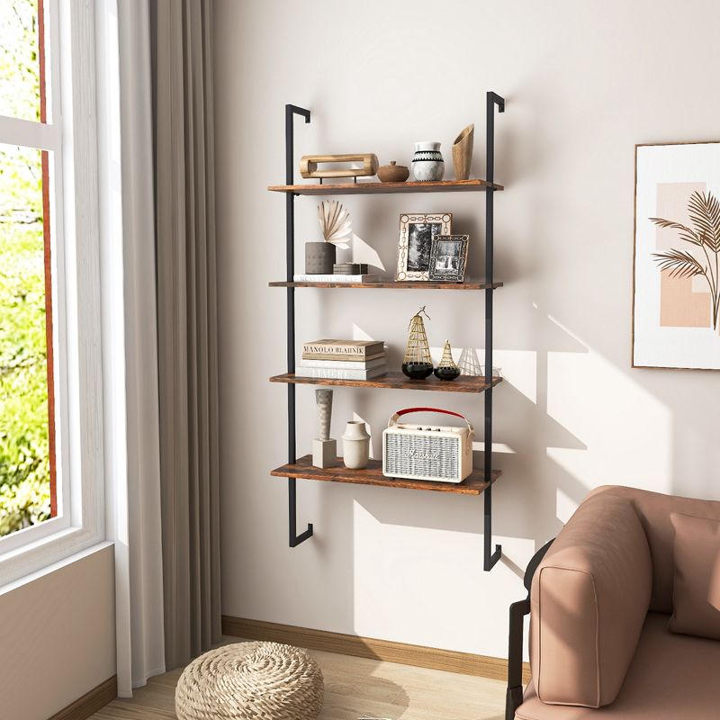 Costway 2 PCS 4-Tier Ladder Shelf Bookshelf Industrial Wall Shelf with Metal Frame Rustic, 4 of 11