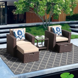 SUGOLD Super Patio 5 Piece Outdoor Furniture Set, PE Wicker Rattan Small Patio Set Balcony Furniture, Outdoor Sofa with Ottomans, Tempered Glass - 1 of 1