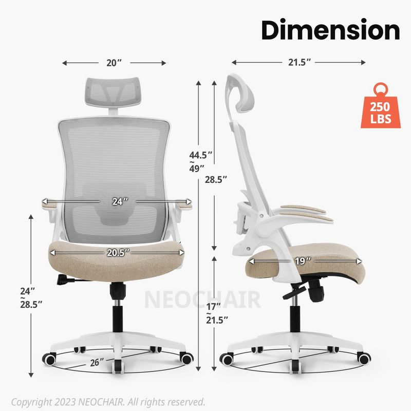 NEO Chair DBS Ergonomic High Back Office Chair with Flip-up Arms Adjustable Headrest - Beige, 2 of 7