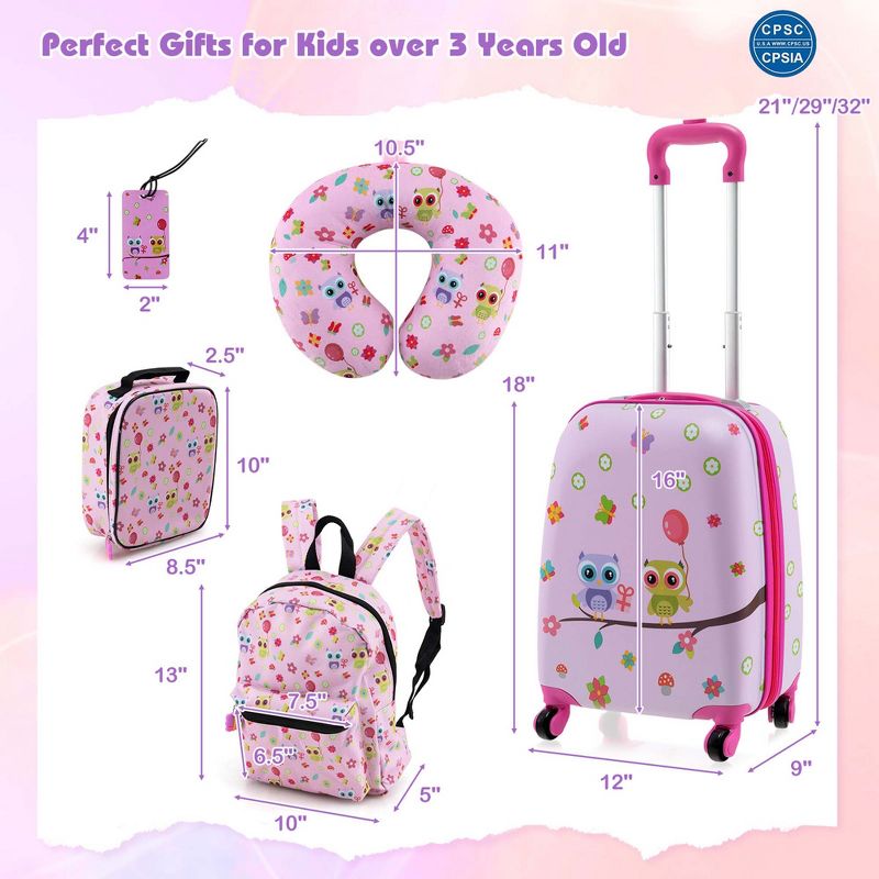 Costway 5 PCS Kids Luggage Set with Backpack Neck Pillow Luggage Tag Lunch Bag Wheels Pink/Light Pink/Blue/Dark Blue, 3 of 11