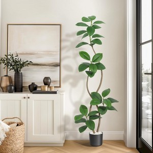 Artificial Rubber Tree, 5ft Tall Fake Plants with White Planters, Artificial Plants Indoor with Multicolored Pebbles - 1 of 4