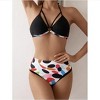 Wikineon Women's Bikini Set, Sexy Round Ring Neck Tie, Random Print Swimsuit, Vacation Style,Black - 2 of 4