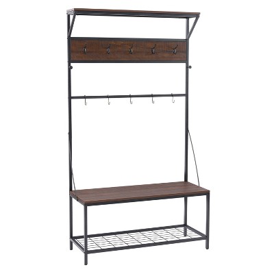 Rowan Wood Grain and Metal Hall Tree Bench and Shoe RackBrown - CorLiving: Entryway Storage, 10 Hooks, Two-Tone Finish