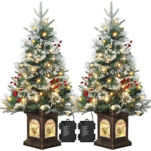 3 Ft Christmas Tree, Fiber Optic Light-Style Artificial Christmas Tree with Base, Xmas Tree with Timer LED Lights Red Berry Decorations, Green - 1 of 4