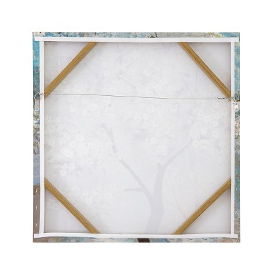 White Blossom Tree Painting on Canvas with Teal and Tan Accents