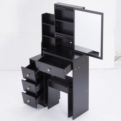 NicBex 29.2" Cabinet Small Vanity Desk with Stool,Makeup Vanity Table with Sliding Mirror&Multi-Layer Storage,Vanity Table for Bedroom,Bathroom
