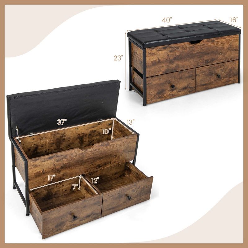 Costway Storage Ottoman Bench Flip Top Wooden Storage Chest with Cushion & 2 Drawers, 3 of 11