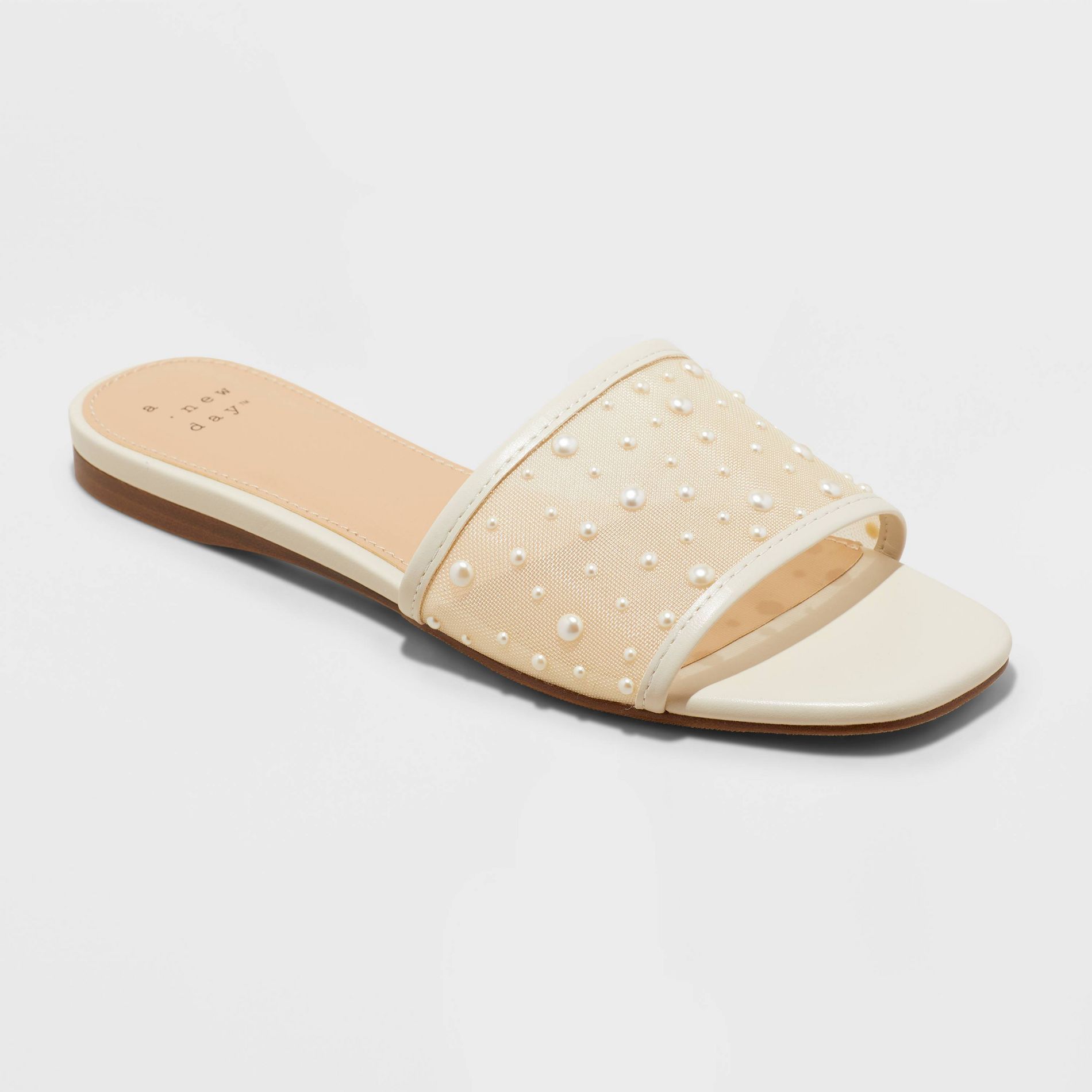 Women's Elain Pearl Mesh Slide Sandals with Memory Foam insole - A New Day™ Cream 8.5: Open Toe, Polka Dots, Slip On