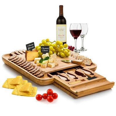 Bambusi Bamboo Cheese Board with Cutlery Set,, Includes 4 Stainless Steel Serving Utensils, 3 Labels & 2 Chalk Markers