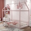 TopComfy Beds Twin Size Metal House Bed Frame With Safety Fence Sturdy Structure Kid Friendly Design for Bedroom, Pink, 79.53"*13.78"*3.74" - 2 of 4