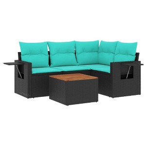 vidaXL 5 Piece Patio Sofa Set with Cushions Black Poly Rattan - Black and Blue - 1 of 4