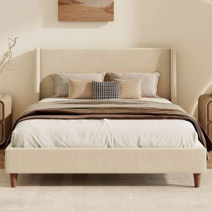 GDFStudio Eshar Modern Boucle Upholstered Platform Bed Frame with Wingback Headboard and Wooden Legs - 1 of 4