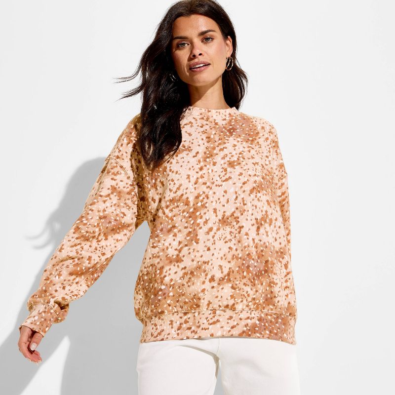 Women's Crewneck Doe Print Fleece Graphic Pullover Sweatshirt - Brown XXS