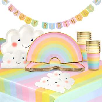 Blue Panda Serves 24 99-Pieces Rainbow Happy Birthday Party Supplies Decorations Pack with Disposable Dinnerware, Tablecloth, Banner