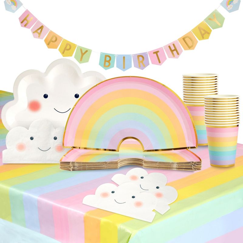 Blue Panda Serves 24 99-Pieces Rainbow Happy Birthday Party Supplies Decorations Pack with Disposable Dinnerware, Tablecloth, Banner, 1 of 10