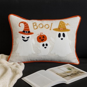 Hachikiko Halloween Boo Ghost Embroidered Accent Pillow - 14x20 Fall & Thanksgiving Decor with Removable Velvet Cover & Insert - 1 of 4