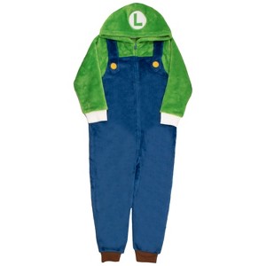 Nintendo Super Mario Bros Luigi Boys Zip-Up Long Sleeve Fleece Onesie Coverall - Green/Blue, 14/16 - 1 of 4