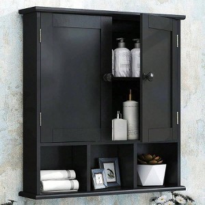 Black Bathroom Over Toilet Storage Cabinet Wall Cabinet Organizer with 2 Door Adjustable Shelves Wooden Modern Bathroom - 1 of 4