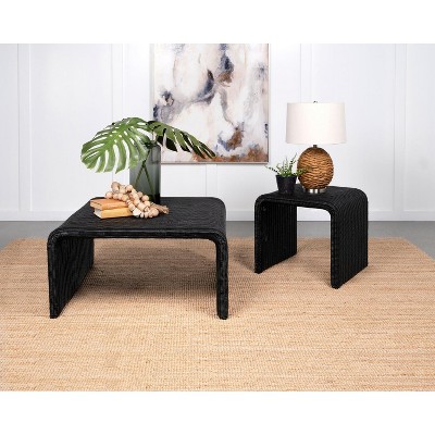 Black Woven Rattan and Metal Square End Table